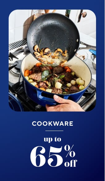 Cookware up to 65% off. Small skillet and blue cast iron dutch oven on cooktop.