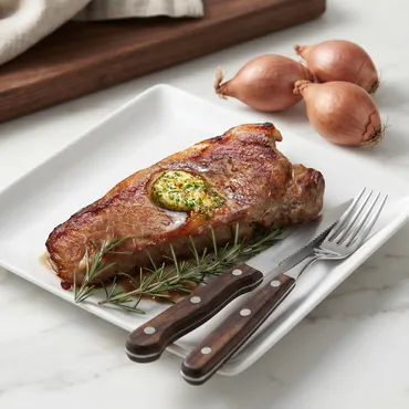 Seared Steak with Bourbon-Shallot Butter on white square plate