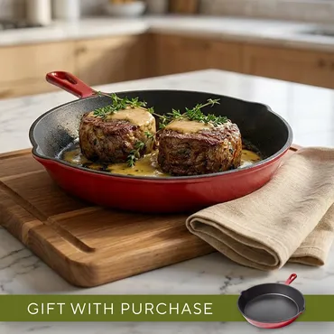 Petite Filet Au Poivre in red cast iron skillet